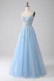 A-Linie Hellblaues Korsett-Ballkleid mit Applikationen
