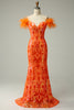 Laden Sie das Bild in den Galerie-Viewer, Orange Pailletten aus der Schulter Meerjungfrau langes Ballkleid mit Federn