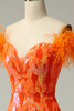 Laden Sie das Bild in den Galerie-Viewer, Orange Pailletten aus der Schulter Meerjungfrau langes Ballkleid mit Federn