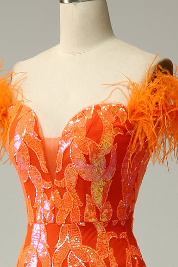 Orange Pailletten aus der Schulter Meerjungfrau langes Ballkleid mit Federn
