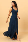 Marineblaues V-Ausschnitt Chiffon Brautjungfernkleid mit Rüschen