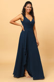 Marineblaues V-Ausschnitt Chiffon Brautjungfernkleid mit Rüschen