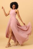 Rouge Langes Chiffon plissiertes Brautjungfernkleid mit Schlitz