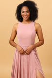 Rouge Langes Chiffon plissiertes Brautjungfernkleid mit Schlitz