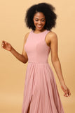 Rouge Langes Chiffon plissiertes Brautjungfernkleid mit Schlitz