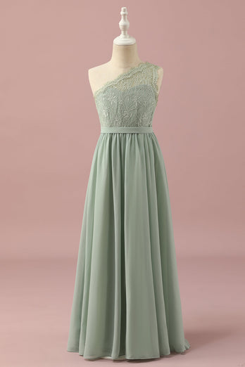 Grünes Ein-Schulter-Kleid aus Spitze und Chiffon für junge Brautjungfern