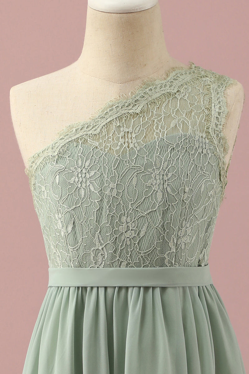 Laden Sie das Bild in den Galerie-Viewer, Grünes Ein-Schulter-Kleid aus Spitze und Chiffon für junge Brautjungfern