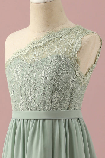 Grünes Ein-Schulter-Kleid aus Spitze und Chiffon für junge Brautjungfern