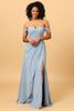 Laden Sie das Bild in den Galerie-Viewer, Schulterfreies Chiffon Blaues Brautjungfernkleid mit Schlitz
