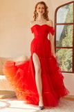 Rotes schulterfreies Ballkleid