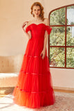 Rotes schulterfreies Ballkleid