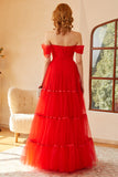 Rotes schulterfreies Ballkleid