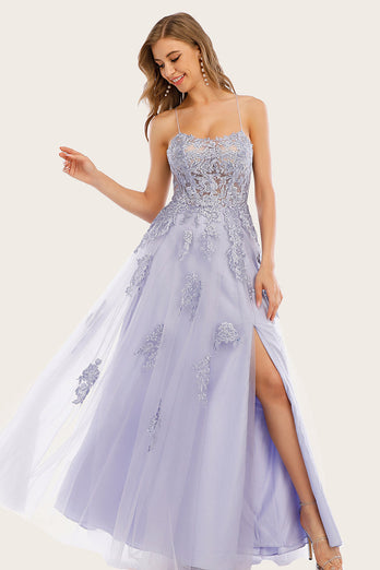 Lavendel Tüll lange Ball Kleid mit Spitze