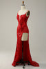 Laden Sie das Bild in den Galerie-Viewer, Spaghetti-Träger Applikationen Rotes Ballkleid mit Schlitz