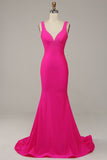 Fuchsia Meerjungfrau V-Ausschnitt Perlen Ballkleid