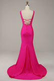 Fuchsia Meerjungfrau V-Ausschnitt Perlen Ballkleid