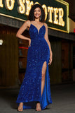 Königsblaues Meerjungfrauen-Paillettenkleid mit Pailletten und langem Ballkleid mit Schlitz