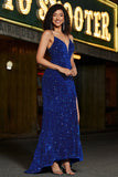 Königsblaues Meerjungfrauen-Paillettenkleid mit Pailletten und langem Ballkleid mit Schlitz