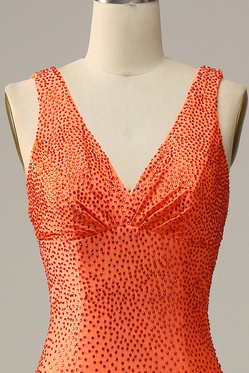 Laden Sie das Bild in den Galerie-Viewer, Meerjungfrau tief V-Ausschnitt Orange Langes Ballkleid mit Perlen
