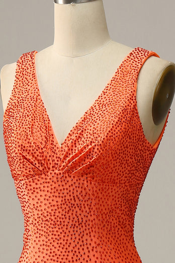 Meerjungfrau tief V-Ausschnitt Orange Langes Ballkleid mit Perlen
