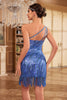 Laden Sie das Bild in den Galerie-Viewer, Glitzerndes Kleid mit einer Schulter und blauen Pailletten aus den 1920er Jahren