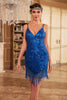 Laden Sie das Bild in den Galerie-Viewer, Bodycon Spaghettiträger Blaue Pailletten Kleid aus den 1920er Jahren mit Quaste