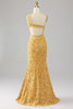 Laden Sie das Bild in den Galerie-Viewer, Meerjungfrau Pailletten Goldenes Ballkleid mit einer Schulter und Schlitz