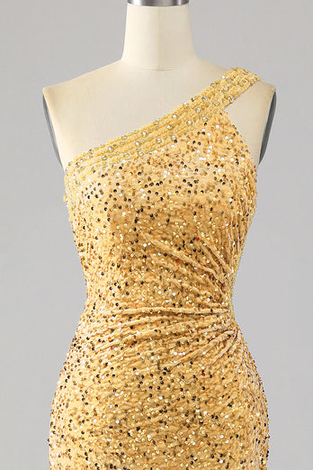 Meerjungfrau Pailletten Goldenes Ballkleid mit einer Schulter und Schlitz