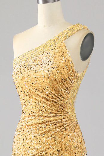 Meerjungfrau Pailletten Goldenes Ballkleid mit einer Schulter und Schlitz