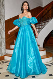 Blaues Korsett-Ballkleid in A-Linie mit Perlen