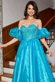 Blaues Korsett-Ballkleid in A-Linie mit Perlen