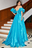 Blaues Korsett-Ballkleid in A-Linie mit Perlen