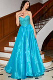 Blaues Korsett-Ballkleid in A-Linie mit Perlen