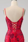 Meerjungfrau Dunkelrotes Pailletten-Ballkleid mit Schlitz