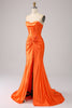 Laden Sie das Bild in den Galerie-Viewer, Orange Meerjungfrau Sweetheart Korsett Langes glitzerndes Ballkleid mit Schlitz