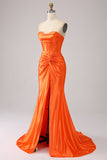 Orange Meerjungfrau Sweetheart Korsett Langes glitzerndes Ballkleid mit Schlitz