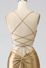 Laden Sie das Bild in den Galerie-Viewer, Goldenes Meerjungfrauen-Spaghettiträger-Satin-Ballkleid mit geschnürtem Rücken