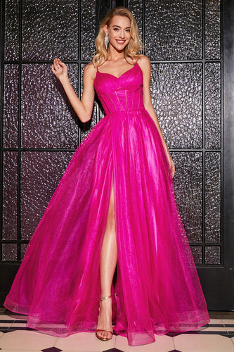 Pinkfarbenes Spaghettiträger-Kleid mit langen Korsettträgern und Schlitz in A-Linie
