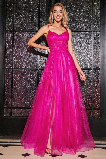 Pinkfarbenes Spaghettiträger-Kleid mit langen Korsettträgern und Schlitz in A-Linie