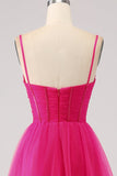 Fuchsia A-Linie Spaghettiträger Langes Korsett Ballkleid mit Schlitz