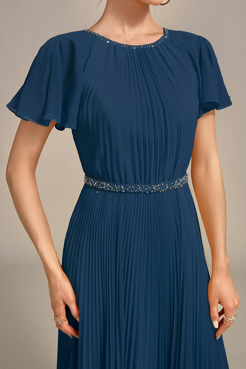 Laden Sie das Bild in den Galerie-Viewer, Marineblaues A-Linien-Kleid mit Rundhalsausschnitt und kurzen Ärmeln