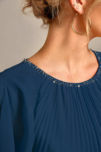 Marineblaues A-Linien-Kleid mit Rundhalsausschnitt und kurzen Ärmeln