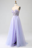 Lavendel A Line Tüll Korsett Ballkleid mit Schlitz