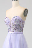 Lavendel A Line Tüll Korsett Ballkleid mit Schlitz