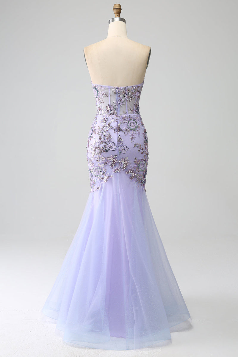Laden Sie das Bild in den Galerie-Viewer, Meerjungfrau Trägerloses Lavendel-Korsett-Ballkleid mit Perlen