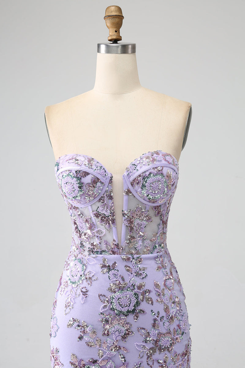 Laden Sie das Bild in den Galerie-Viewer, Meerjungfrau Trägerloses Lavendel-Korsett-Ballkleid mit Perlen