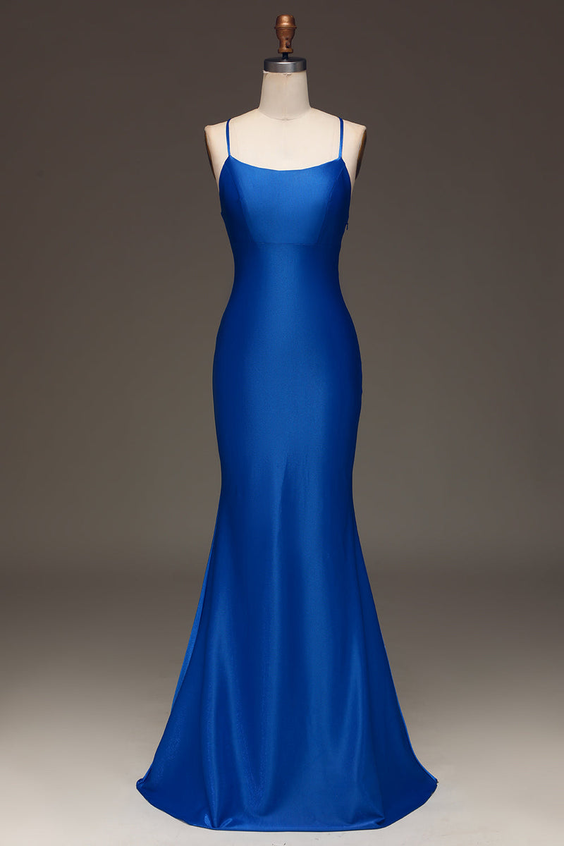 Laden Sie das Bild in den Galerie-Viewer, Einfaches königsblaues Satin-Meerjungfrauen-langes Ballkleid