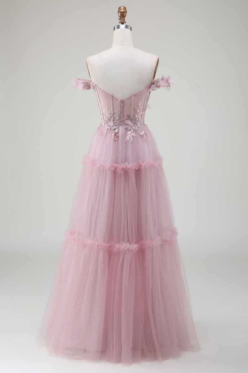 Laden Sie das Bild in den Galerie-Viewer, Schulterfreies rosafarbenes Ballkleid aus Tüll mit Applikationen