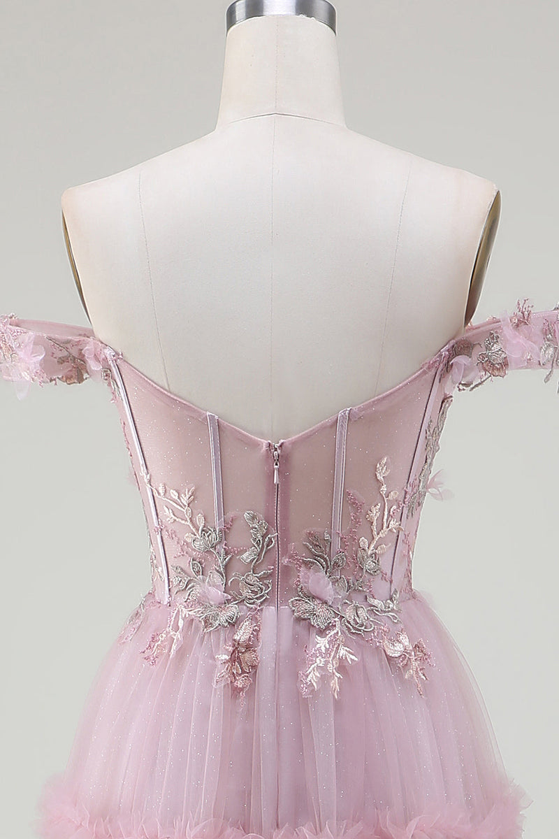 Laden Sie das Bild in den Galerie-Viewer, Schulterfreies rosafarbenes Ballkleid aus Tüll mit Applikationen