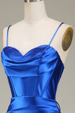Königsblaues Spaghettiträger-Meerjungfrauen-langes Ballkleid mit Schlitz